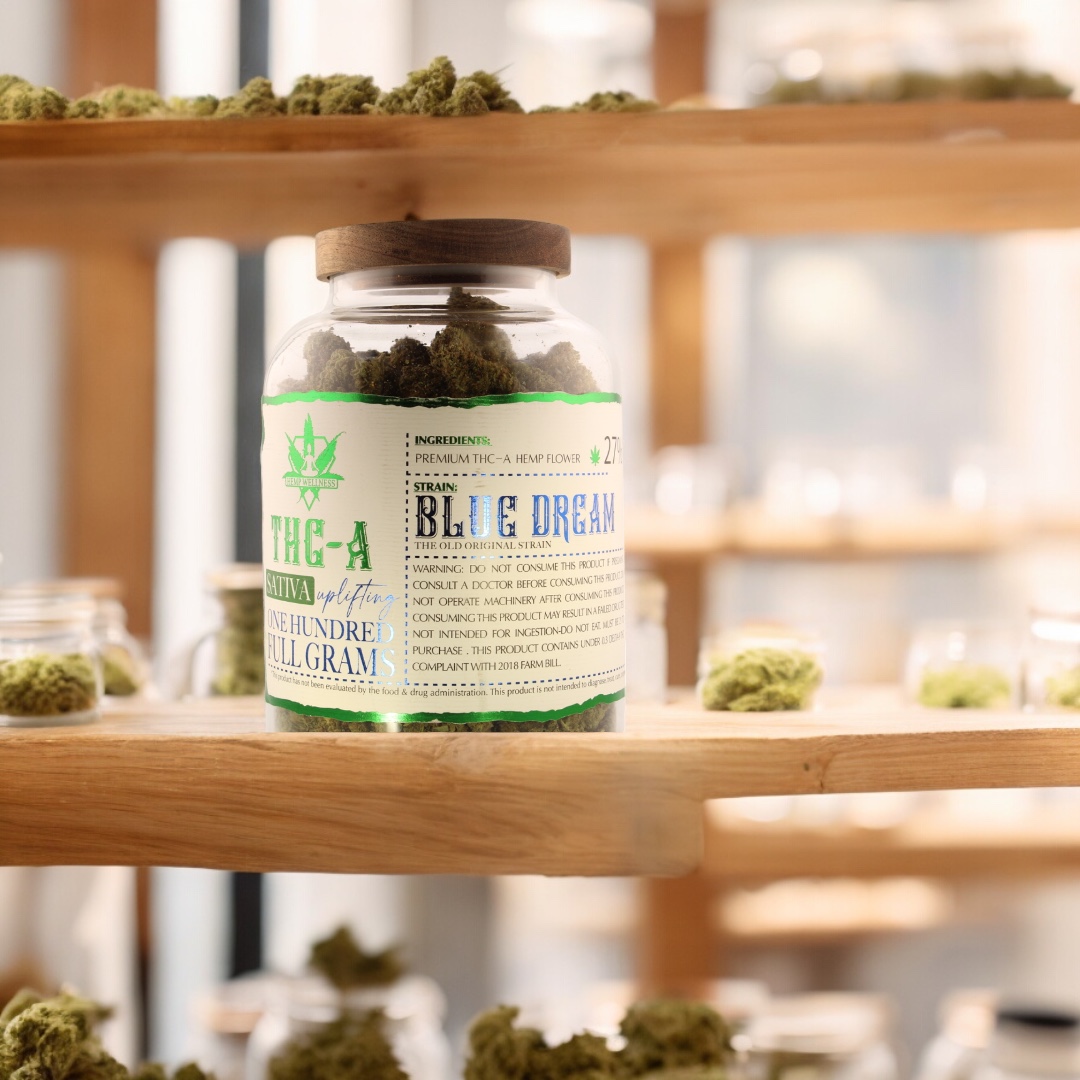 "Blue Dream hemp flower - sweet berry aroma, balanced high for creativity and stress relief."