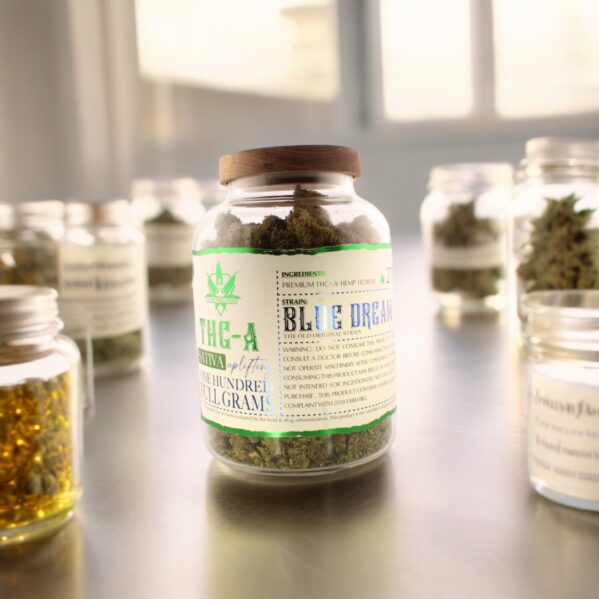 "Blue Dream hemp flower - sweet berry aroma, balanced high for creativity and stress relief."