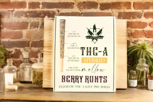 "Berry Runts hemp flower - fruity, candy-like aroma with euphoric and relaxing effects for stress relief."