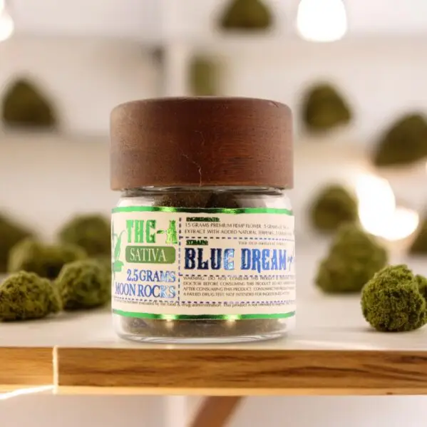 "Blue Dream hemp flower - sweet berry aroma, balanced high for creativity and stress relief."